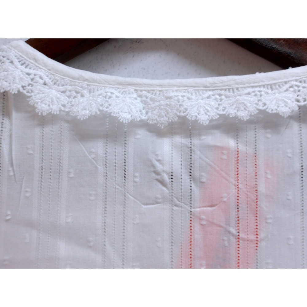 Falechay White Lace Trim Swiss Dot Blouse Short Puff Sleeve Rayon Top M/ #26336 - Picture 6 of 7